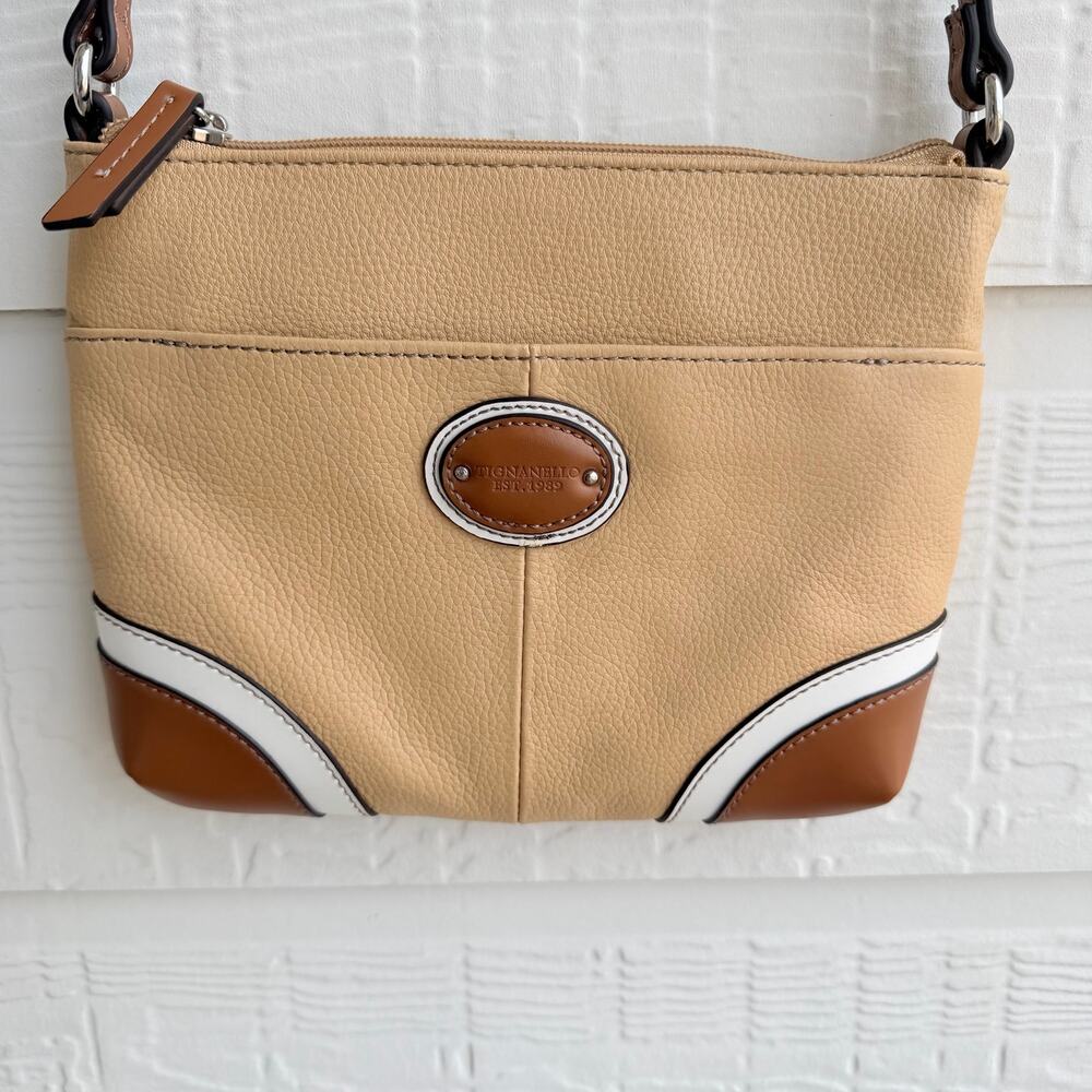 Tignanello Leather Crossbody Bag Tan Brown Multi Pocket Adjustable Strap